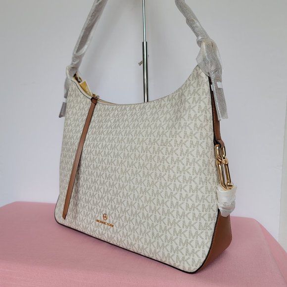 MICHAEL KORS Laney Hobo Signature Logo Shoulder Bag- Vanilla/Acorn Color⭐ - Picture 4 of 16